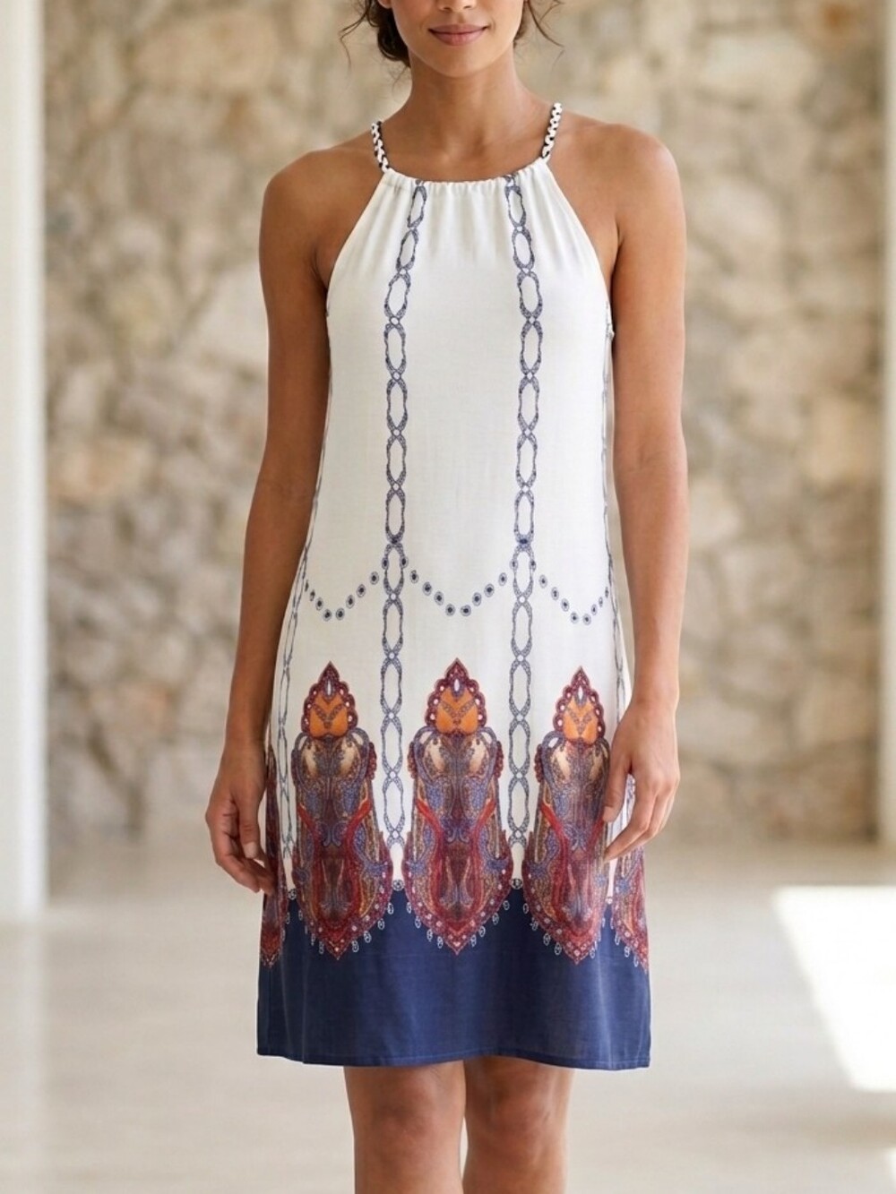 Boho Embroidered Print Halter Dress - LASCANA Size US 8